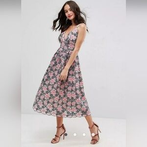 ASOS Lace Pink Blue Gray Embroidered Spaghetti Strap Midi Dress Size 4